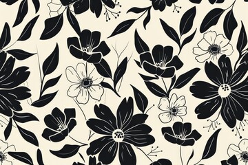 A pattern made of leaves and flowers, plant backdrop, floral design in black and white, minimal and beige colors. illustration in the style of ink painting.	