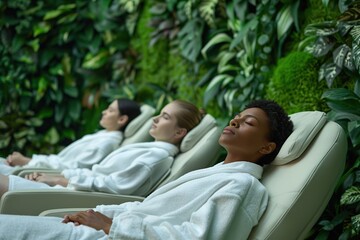 group of women are relaxing in the spa room, wearing bathrobes and lying on chairs in the spa wellness center.