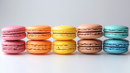 Obraz premium A row of colorful stacked macarons against a white background.