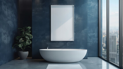 Modern bathroom interior with bathtub and framed poster on blue wall, cityscape view, Generative AI.