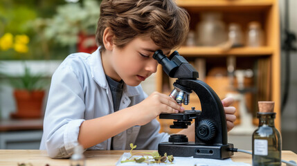 A boy studies with a microscope in a home setting, focused on examining an object, suggesting a concept of early education and scientific curiosity, Generative AI