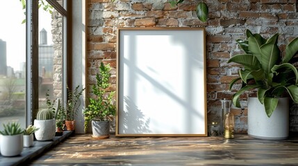 Blank frame mockup with houseplants on a wooden table against a brick wall.