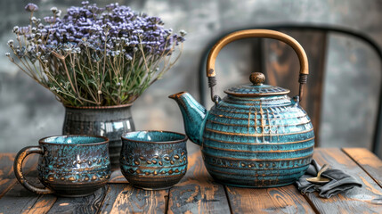A ceramic tea pot and cups on a wooden table beside a vase of purple flowers, representing the concept of a tea ceremony. Generative AI