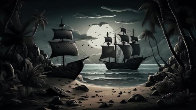 Dark and moody scene of two pirate ships sailing in ocean at night