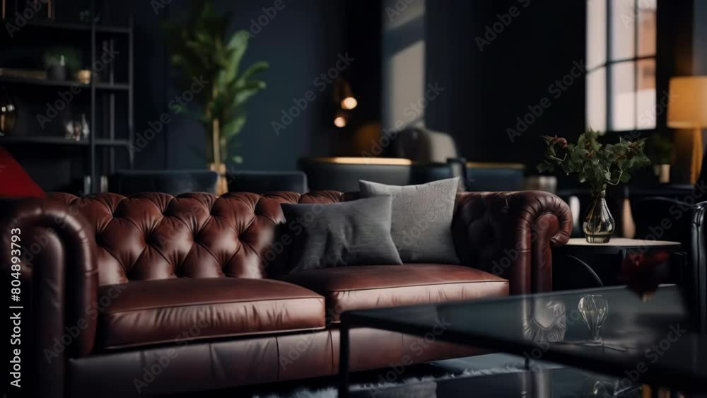 Sticker brown leather couch is main focus of image