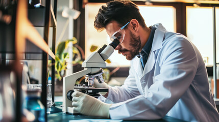 A man in a lab coat using a microscope, researching in a scientific laboratory, with natural light. Generative AI