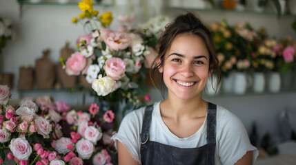 Fototapeta premium A smiling woman in a flower shop surrounded by bouquets of roses, concept of floristry. Generative AI
