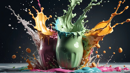 Shakes, Healthy and vibrant shake. Capture dramatic shake splash. Creative Dynamic compotition vary angle. Macro Food photography, taken by very high tech expensive camera. Eyecatching, mouthwatering 