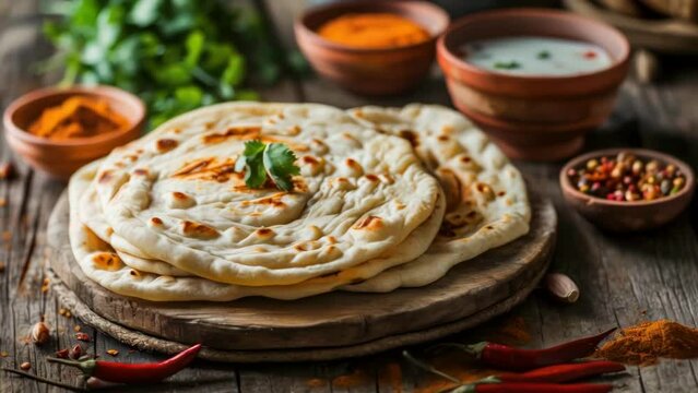 Plate of flatbread with sprig of parsley on top sits on wooden table