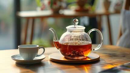 A glass teapot with steaming tea alongside a white cup on a wooden table, natural backlight, health concept. Generative AI