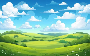 landscape cartoon scene with green hills and white clouds on very beautiful summer blue sky background