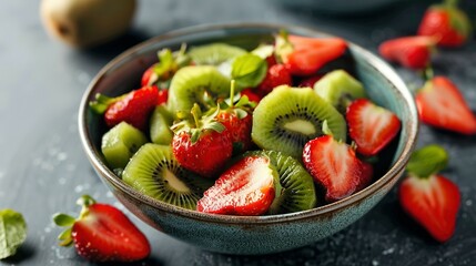 A bowl filled with ripe kiwi and vibrant strawberries, creating a colorful and appetizing display of fresh fruits