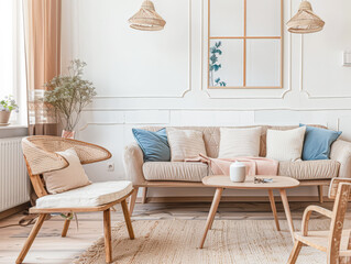 Stylish minimalist interiors with cosy decor and warm colors.