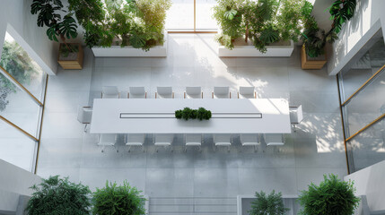 Naklejka premium Top view of a modern conference room with a long table, chairs and green plants, light background, office meeting concept, Generative AI
