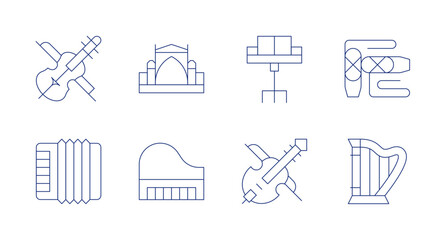Classic icons. Editable stroke. Containing accordion, piano, violin, museum, harp, ballet, musicstand.