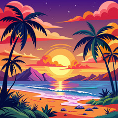 Bright tropical beach scenes with sunsets and palm trees.