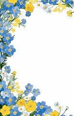 A floral pattern of blue and yellow flowers on a white background.