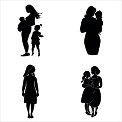 Set of Mother Silhouette with Baby Playing, Walking, Feeding Vector Illustration
