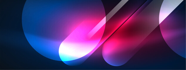 Mesmerizing visual effect lighting in shades of purple, violet, magenta, and electric blue create an artful pattern of circles and lens flares against a dark background