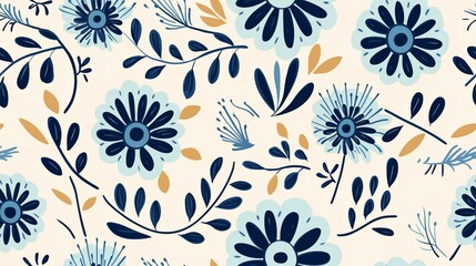 A seamless pattern of blue and white flowers and leaves on a beige background.