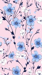 A seamless pattern of blue and white flowers on a pink background.