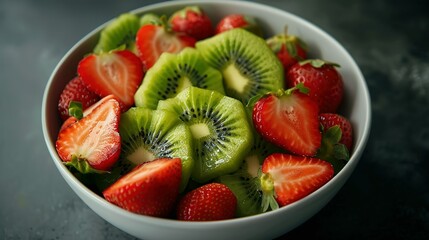 A bowl filled with ripe kiwi and vibrant strawberries, creating a colorful and appetizing display of fresh fruits