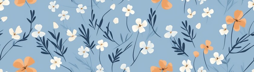 A seamless pattern with small white and orange flowers on a blue background.