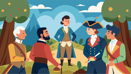 At a historic battlefield actors in period attire representing the Founding Fathers discuss the sacrifices made by soldiers and civilians during the. Vector illustration