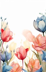A watercolor painting of pink and blue flowers on a white background.