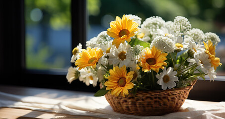 Beautiful bouquet of spring daisies in a wicker vase in the warm sunlight against the background of a rural village. A bouquet of daisies decorates the room.copy space.