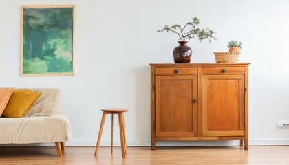 Retro, wooden cabinet and a painting in an empty living room interior with white walls and copy space place for a sofa. Real photo