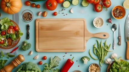 Fresh Healthy Ingredients for Cooking on Wooden Cutting Board and Table