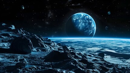 Distant Alien Landscape with Looming Blue Planet in Starlit Cosmic Horizon
