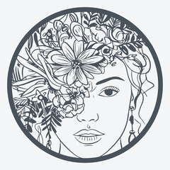 Floral Woman Face Laser Cut Design, Artistic Vector Woman, Round Template