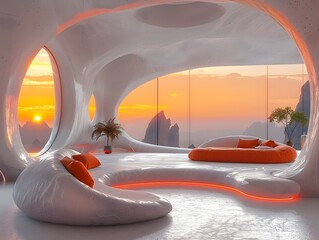 Vibrant Futuristic Sci-Fi Interior with Curved Structure Design and Panoramic View of Alien Sunset Landscape