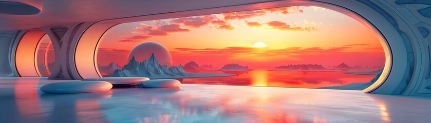 Vibrant Futuristic Sci-Fi Interior with Curved Structure Design and Panoramic Alien Sunset Landscape