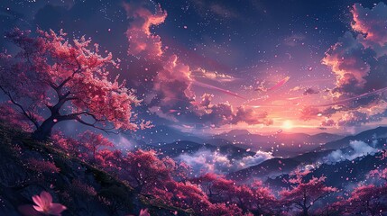 Naklejka premium Celestial Sakura: Cherry Blossoms in a Magical Night Sky Dance