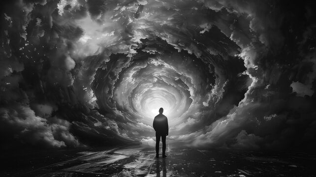 Fototapeta  Man stands in the center of an infinite tunnel of light and clouds, with a surreal, light at the end of tunnel, death