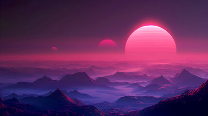 Pink and Violet Barren Science Fiction Landscape With Three Moons Cresting the Horizon