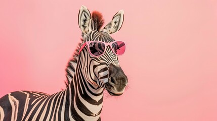 Fototapeta premium creative animal concept. A Surreal Encounter A Zebra Adorned in Sunglasses, Emerging from a Dreamlike Pastel Landscape