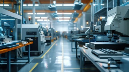Fototapeta premium Industrial interior of a factory with machinery and workers maintaining the production line, illustrating advanced manufacturing and technology