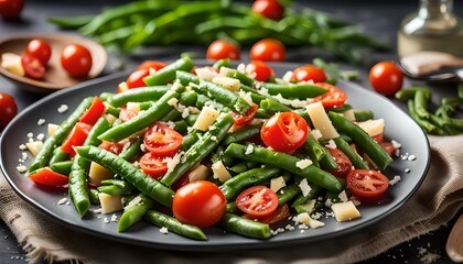 Warm salad with green beans, tomatoes and parmesan cheese
