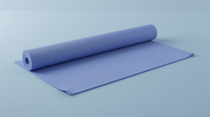 A calming blue yoga mat rolled out neatly on a matching blue surface, ready for a wellness or fitness session.