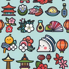 a sticker set with objects representing Taiwan and Korea tile seamless