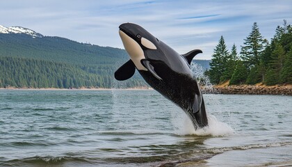 Obraz premium Bigg's orca whale jumping out of the sea