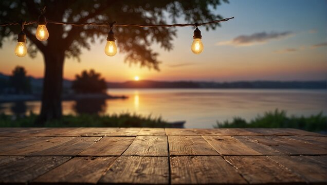 Empty Wood table top with decorative outdoor string lights hanging on tree in the garden , Daylight saving time end, real estate concept and blurred landscape of river beach Blue sky with sunset - Powered by Adobe
