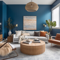 Modern cozy living room with a blue wall texture background and a beachy touch