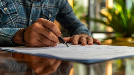 Close-up of a technology specialist signing off on a software update release document in a DMS, shot with a 50 mm lens, F 20 Background reserved for tech updates text