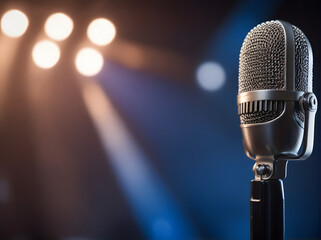 Vintage microphone on stage with musical and audio equipment elements