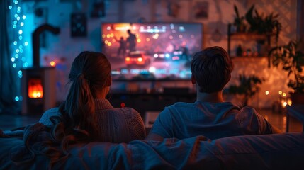 A couple is sitting on a couch watching TV.